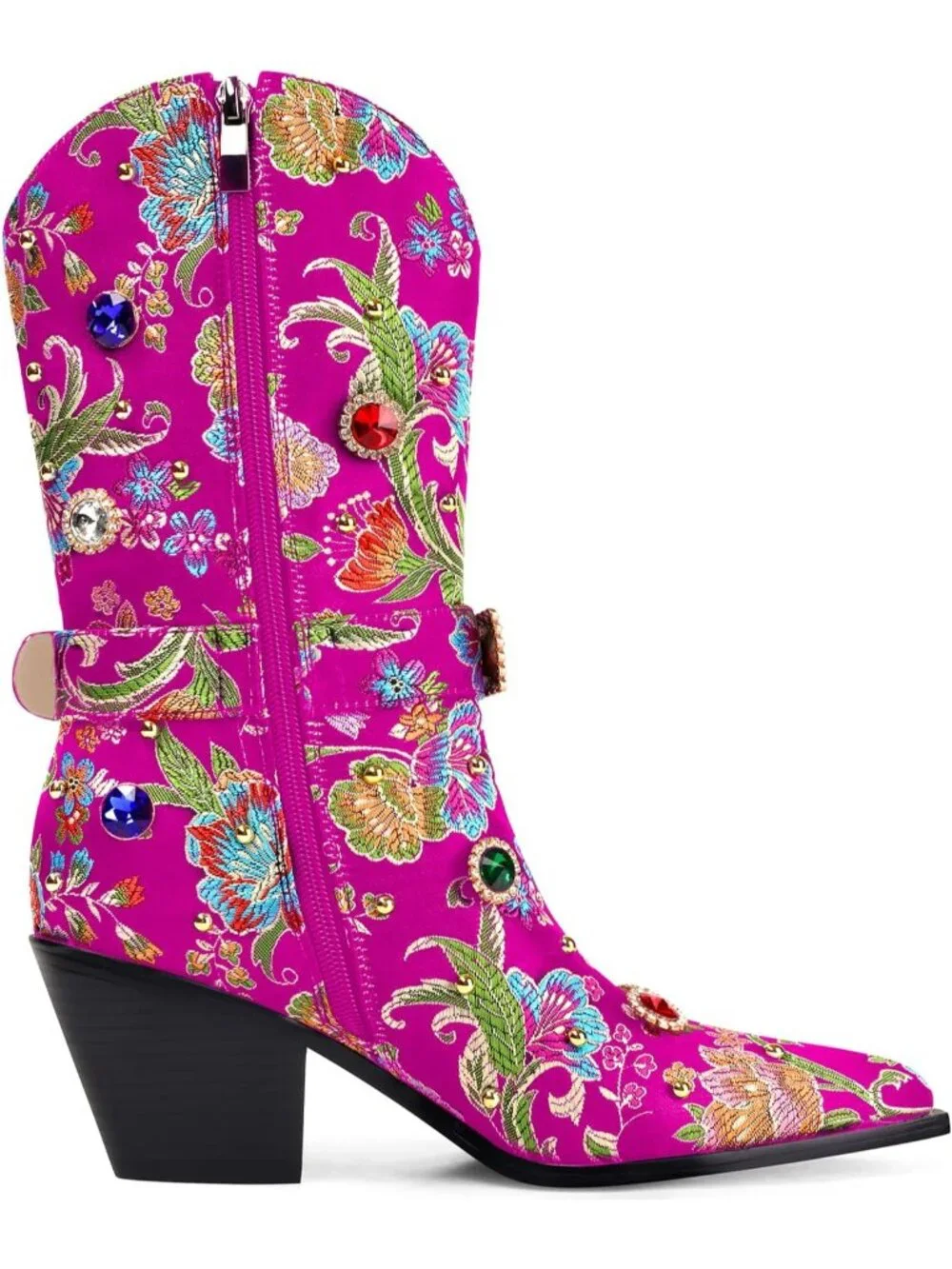 Women's Purple Western Floral Embroidery Rhinestone Sparkly Cowgirl Mid Calf Boo